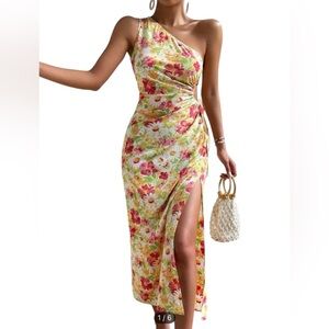 SHEIN Frenchy Floral Print One Shoulder Drawstring Side Split Thigh Dress